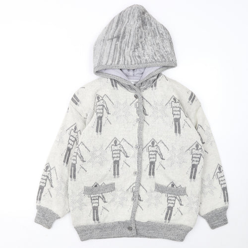 Ooxoo Girls Grey Hooded Cardigan Size S Knit Ski Pattern Winter Jumper