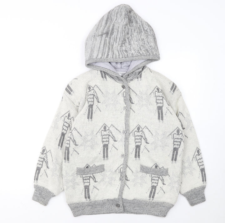 Ooxoo Girls Grey Hooded Cardigan Size S Knit Ski Pattern Winter Jumper