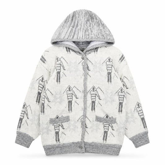 Front view of Ooxoo girls’ grey hooded cardigan, size S, knit ski pattern winter jumper