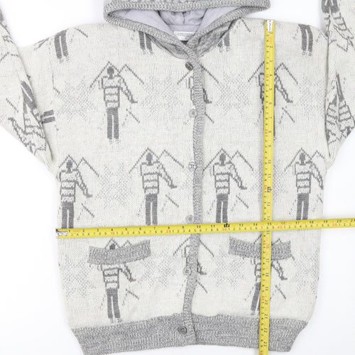 Ooxoo Girls Grey Hooded Cardigan Size S Knit Ski Pattern Winter Jumper