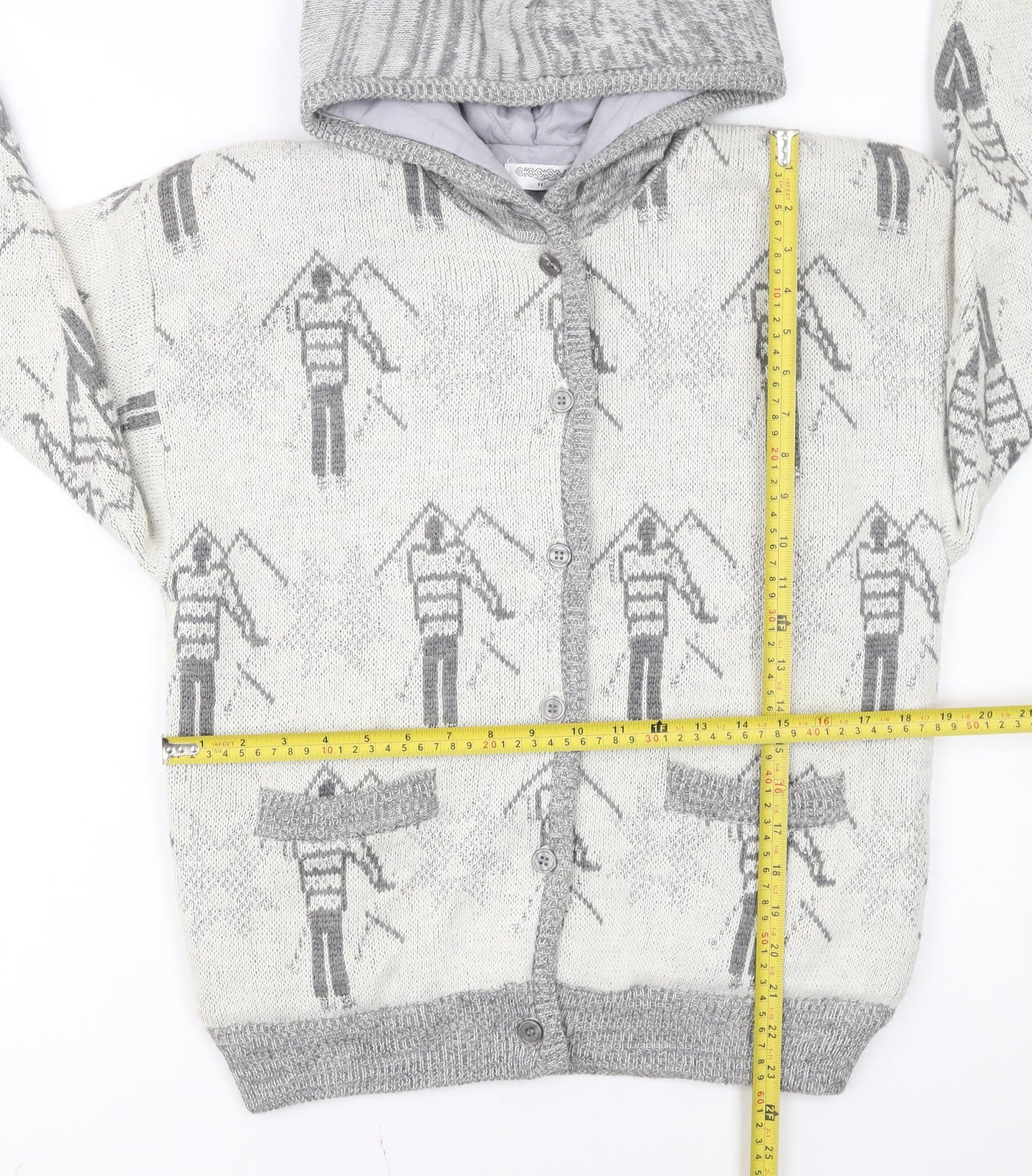Ooxoo Girls Grey Hooded Cardigan Size S Knit Ski Pattern Winter Jumper