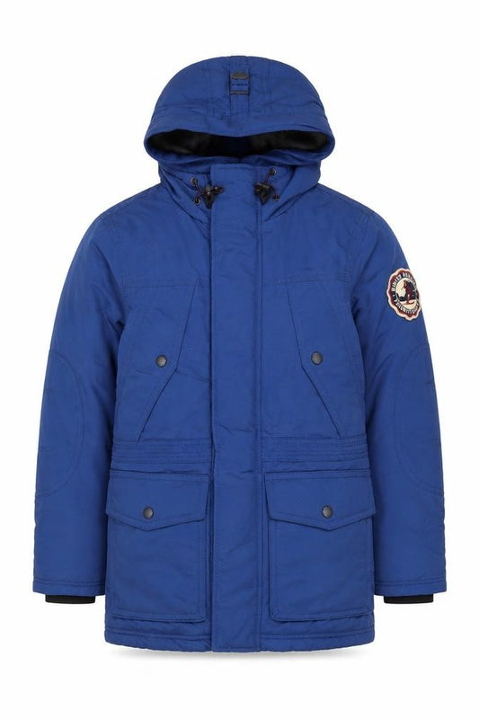 Front view of WHO.A.U Men's Blue Hooded Down Parka Coat, size S