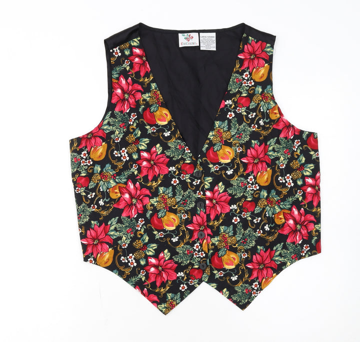 Nutcracker Womens Black Floral Christmas Waistcoat Size L Cotton