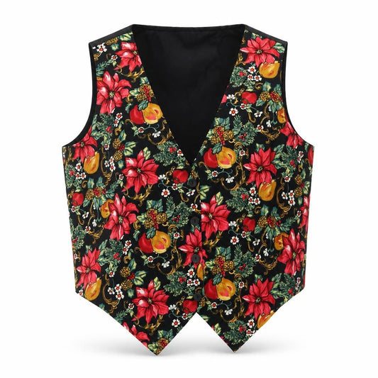 Front view of Nutcracker women’s black floral christmas waistcoat, size L, cotton