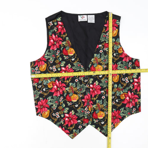 Nutcracker Womens Black Floral Christmas Waistcoat Size L Cotton