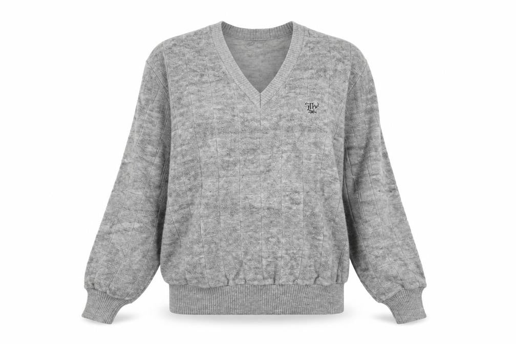 Front view of Lindbergh Women's Grey V-Neck Pullover Sweater, size M
