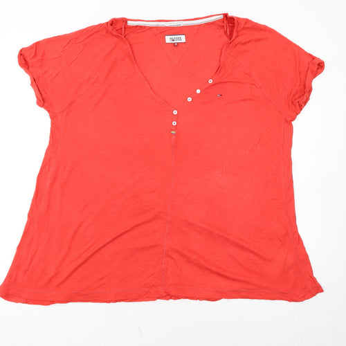 Hilfiger Denim Women's Red Cotton V-Neck Button Short Sleeve T-Shirt M