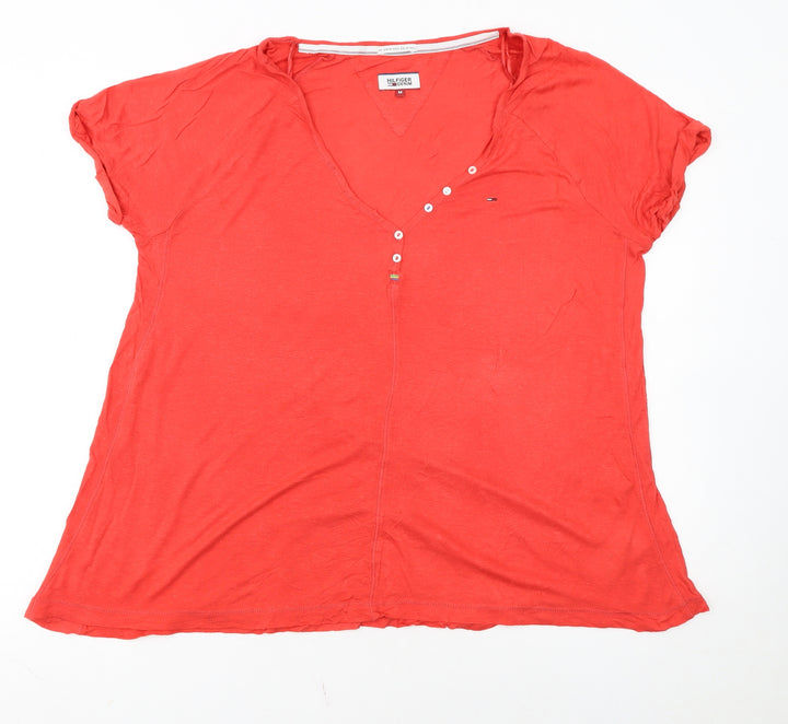 Hilfiger Denim Women's Red Cotton V-Neck Button Short Sleeve T-Shirt M