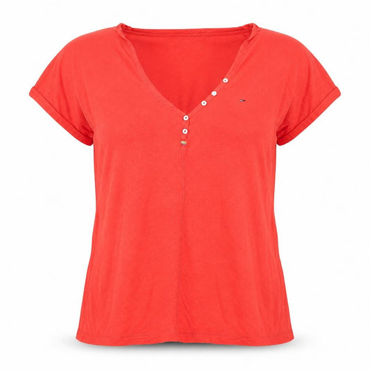 Front view of Hilfiger Denim Women's Red Cotton V-Neck Button Short Sleeve T-Shirt M