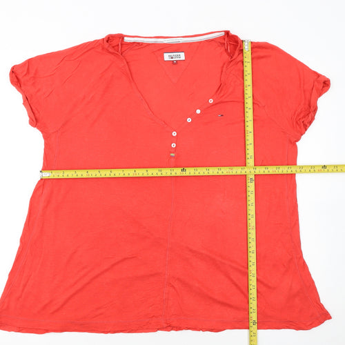 Hilfiger Denim Women's Red Cotton V-Neck Button Short Sleeve T-Shirt M