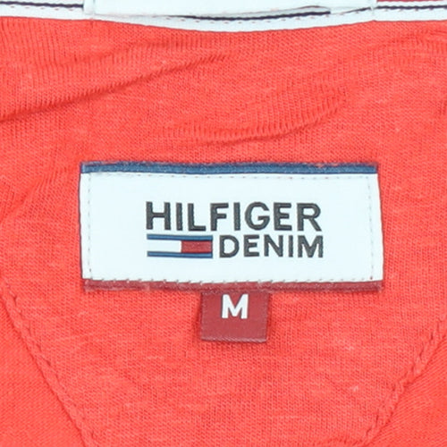 Hilfiger Denim Women's Red Cotton V-Neck Button Short Sleeve T-Shirt M