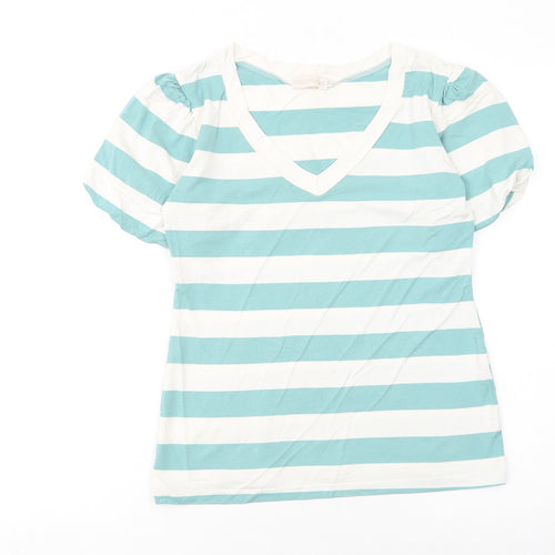 Cocomore Women's Blue Striped V-Neck Puff Sleeve T-Shirt Size 8