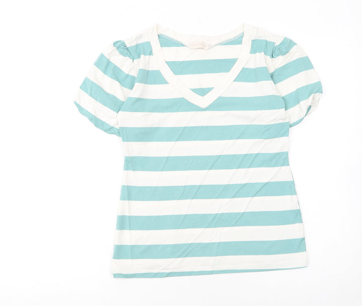 Cocomore Women's Blue Striped V-Neck Puff Sleeve T-Shirt Size 8