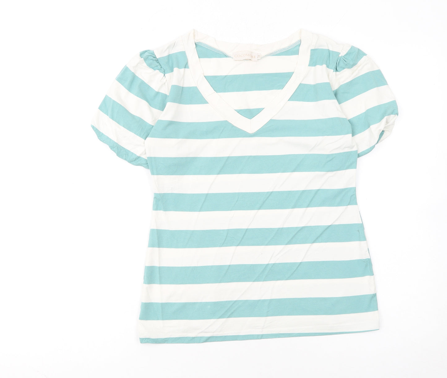 Cocomore Women's Blue Striped V-Neck Puff Sleeve T-Shirt Size 8