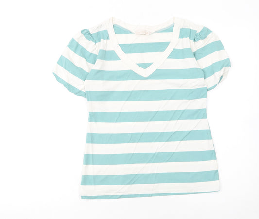 Cocomore Women's Blue Striped V-Neck Puff Sleeve T-Shirt Size 8
