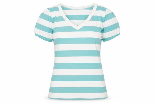 Front view of Cocomore Women's Blue Striped V-Neck Puff Sleeve T-Shirt, size 8