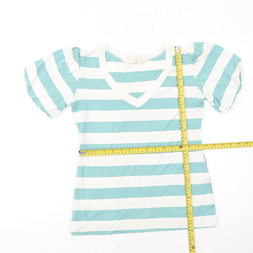 Cocomore Women's Blue Striped V-Neck Puff Sleeve T-Shirt Size 8