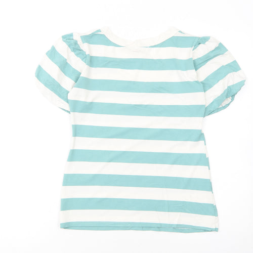 Cocomore Women's Blue Striped V-Neck Puff Sleeve T-Shirt Size 8