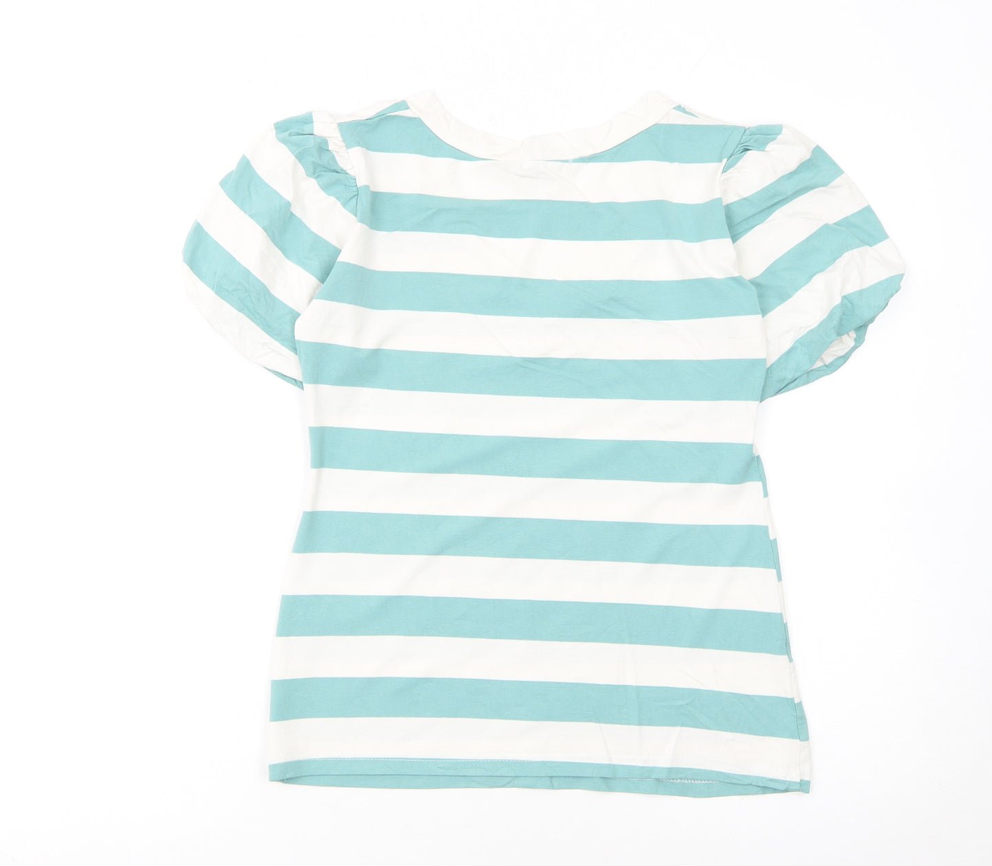 Cocomore Women's Blue Striped V-Neck Puff Sleeve T-Shirt Size 8