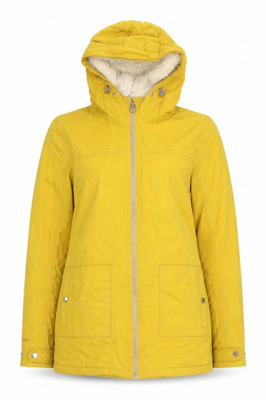 Front view of Regatta Women's Yellow Hooded Parka Jacket, size 10, Lined Waterproof Coat