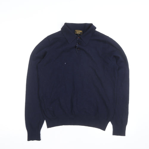 William Hunt Men’s Blue Wool Blend Collared Henley Jumper Size L