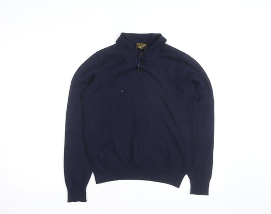 William Hunt Men’s Blue Wool Blend Collared Henley Jumper Size L
