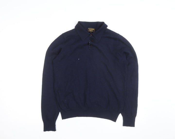 William Hunt Men’s Blue Wool Blend Collared Henley Jumper Size L