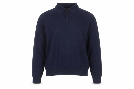 Front view of William Hunt Men’s Blue Wool Blend Collared Henley Jumper, size L