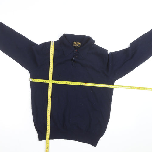 William Hunt Men’s Blue Wool Blend Collared Henley Jumper Size L