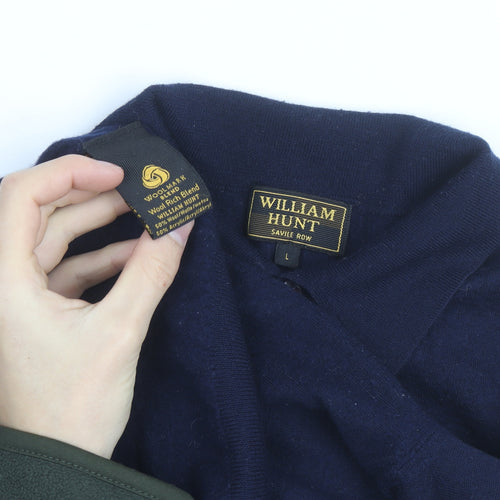 William Hunt Men’s Blue Wool Blend Collared Henley Jumper Size L