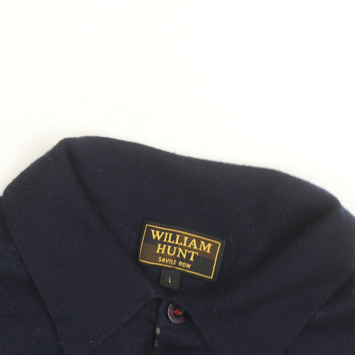 William Hunt Men’s Blue Wool Blend Collared Henley Jumper Size L