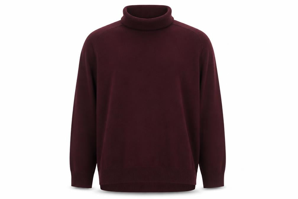 Front view of Whistles men’s red roll neck wool cashmere jumper, size L
