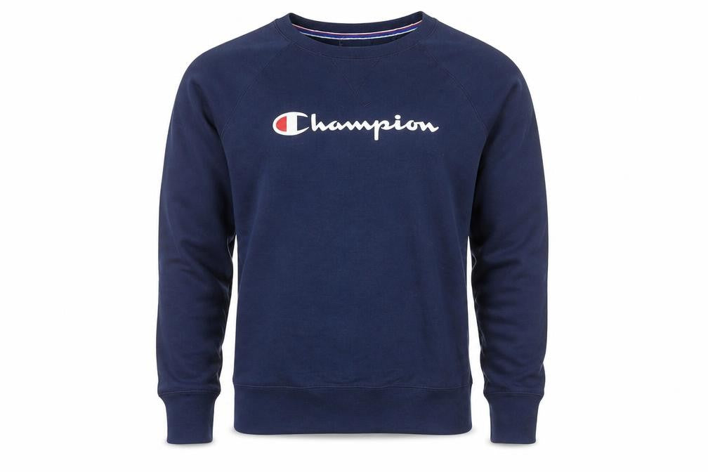 Front view of Champion Men's Navy Blue Crew Neck Sweatshirt, size S, Cotton Blend