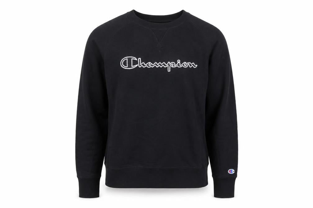 Front view of Champion Men's Black Medium Pullover Sweatshirt Crew Neck