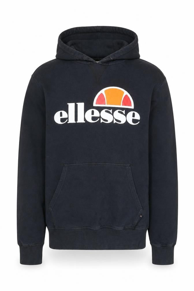 Front view of Ellesse men’s blue pullover hoodie l logo fleece sweatshirt