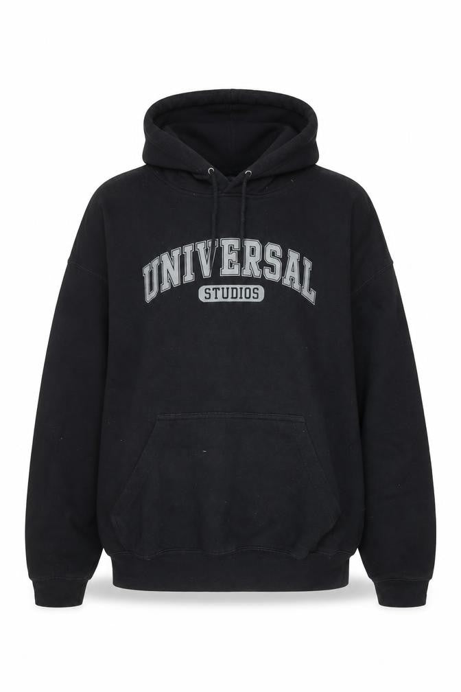 Front view of Universal Studios Men's Black Pullover Hoodie L Graphic Fleece