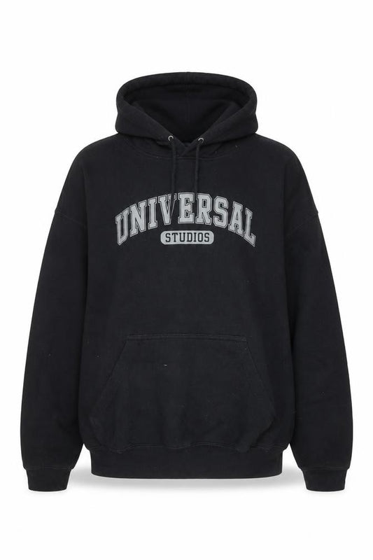 Front view of Universal Studios Men's Black Pullover Hoodie L Graphic Fleece