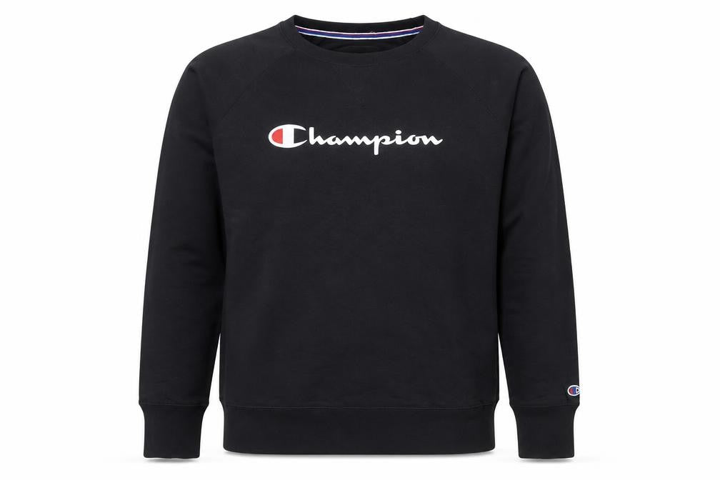 Front view of Champion men’s black xl crew neck pullover sweatshirt