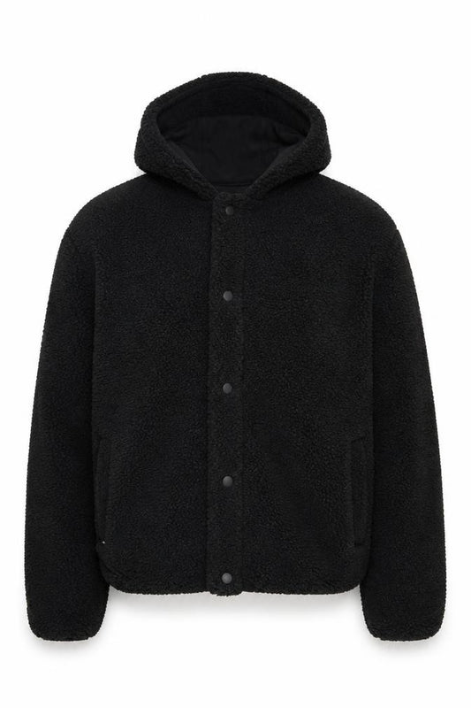 Front view of Threadbare men’s black fleece full zip hoodie, size L, winter warm