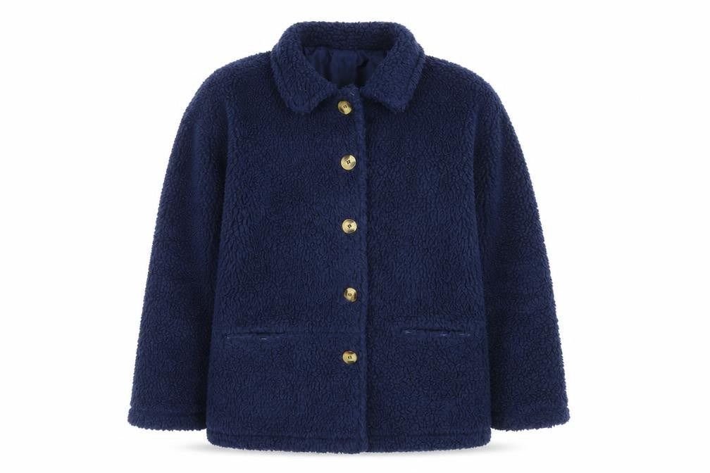 Front view of Damart Women’s Blue Fleece Button Mid-Length Coat, size M