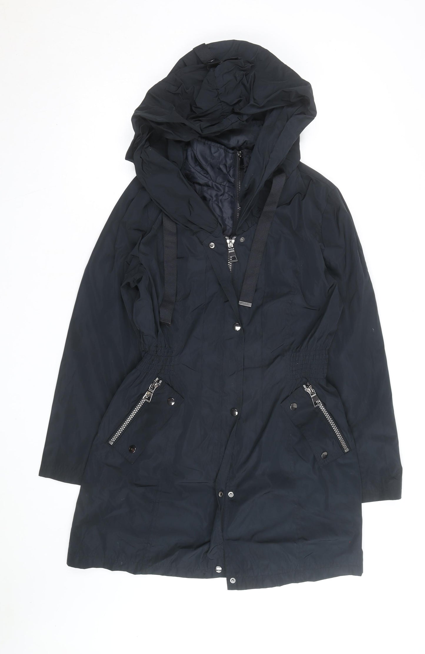 Next Women’s Black Hooded Parka Coat Size 14 Mid-Length Zip Detail