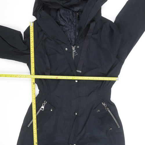 Next Women’s Black Hooded Parka Coat Size 14 Mid-Length Zip Detail