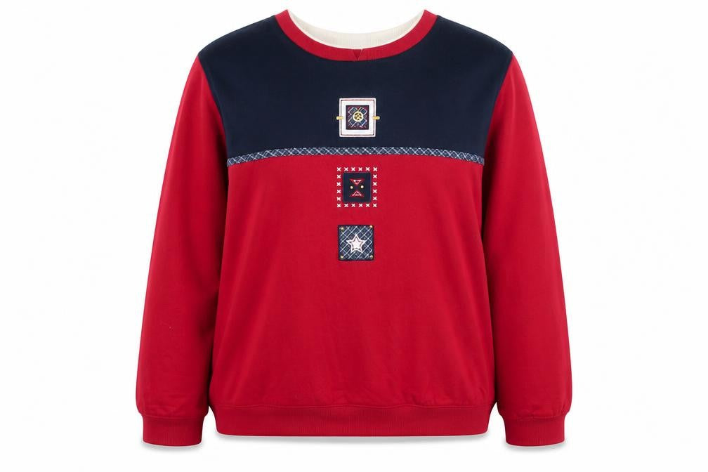 Front view of Koret Wear women’s red & navy long sleeve pullover sweatshirt, size UK 14-16