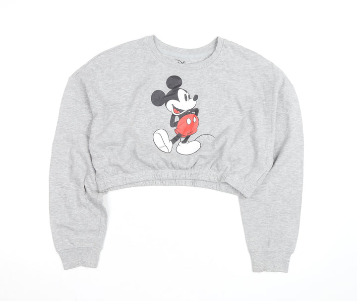 Disney Women Grey Mickey Mouse Cropped Pullover Sweatshirt M
