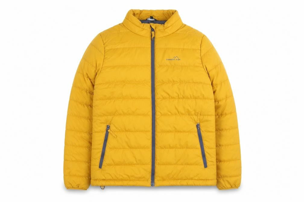 Front view of Freedom Trail women’s yellow puffer jacket, size UK 12, full zip lightweight