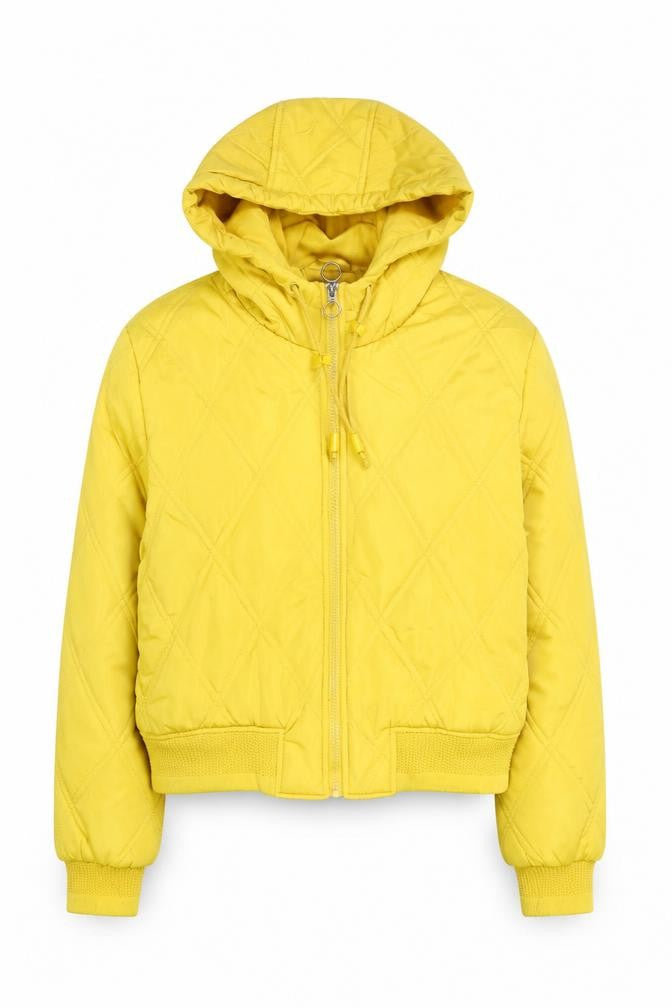 Front view of Primark Women’s Yellow Quilted Hooded Puffer Jacket, size M