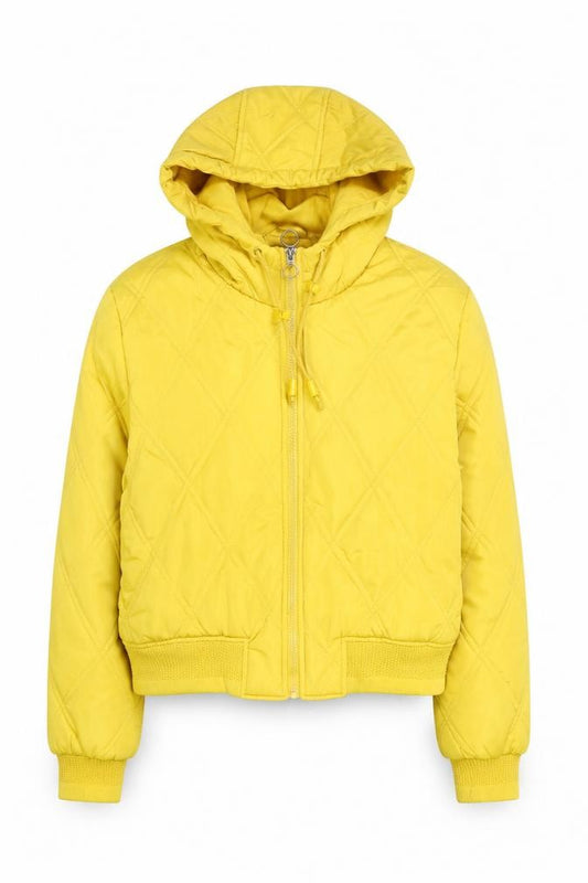Front view of Primark Women’s Yellow Quilted Hooded Puffer Jacket, size M