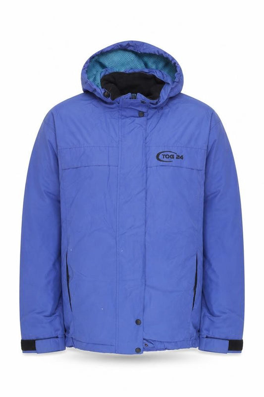 Front view of TOG24 Men’s Blue Waterproof Hooded Outdoor Jacket, size S