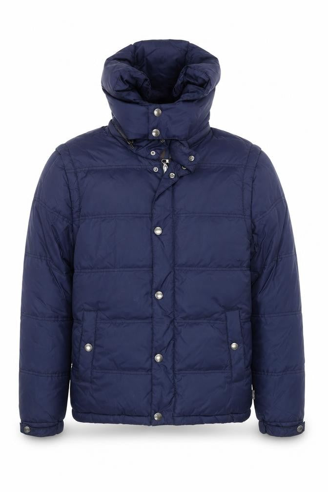 Front view of St. George by Duffer Men's Blue Medium Puffer Jacket Hooded Winter Coat