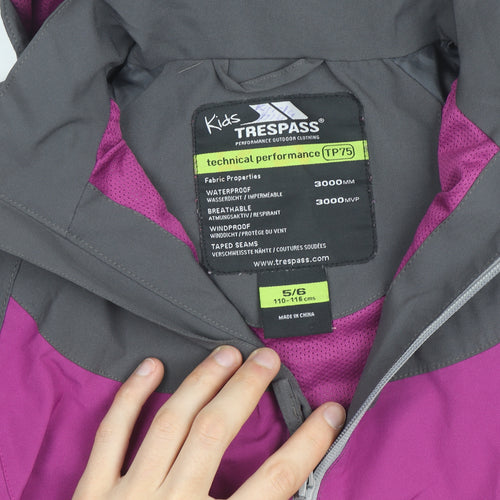 Trespass Girls Pink & Grey Waterproof Hooded Rain Coat Jacket 5-6 Years